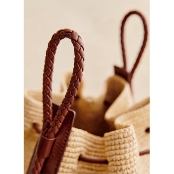 SEZANE  Woven Crochet Raffia & Leather Drawstring Crossbody Zelie Bucket Bag - Picture 6 of 11